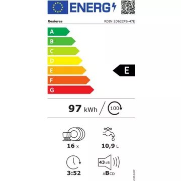 Lave vaisselle encastrable 							ROSIERES				RDIN 2D622PB-47E 60 CM Reconditionné